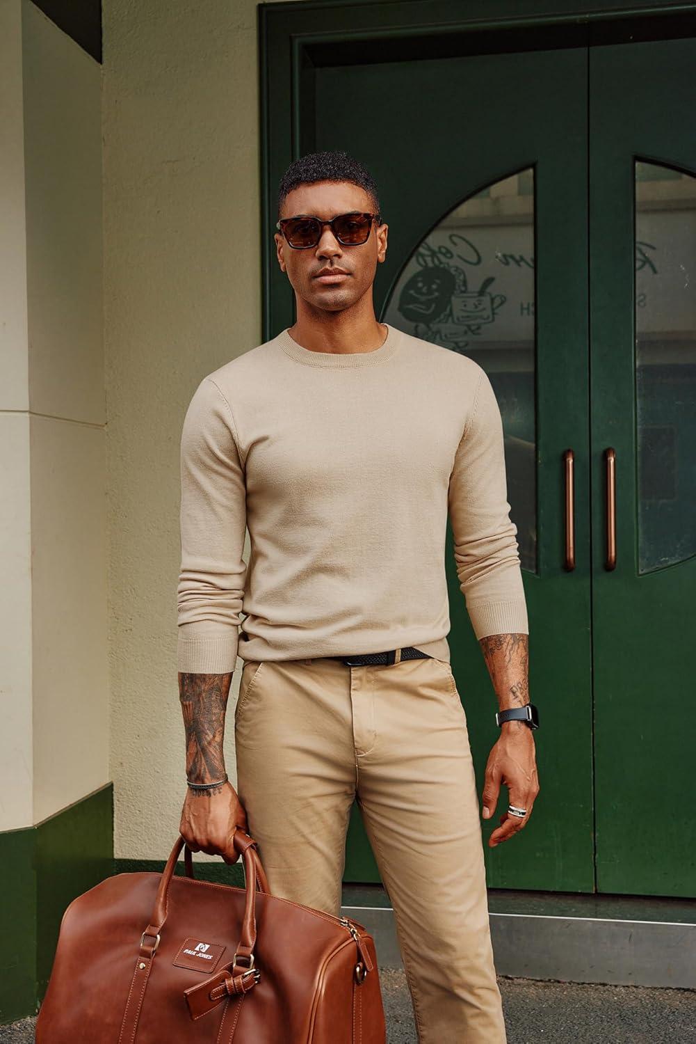 imagePJ PAUL JONES Mens Sweaters Crewneck Basic Lightweight Wool Blend Knitted Pullover Long Sleeve Shirts for MenBeige