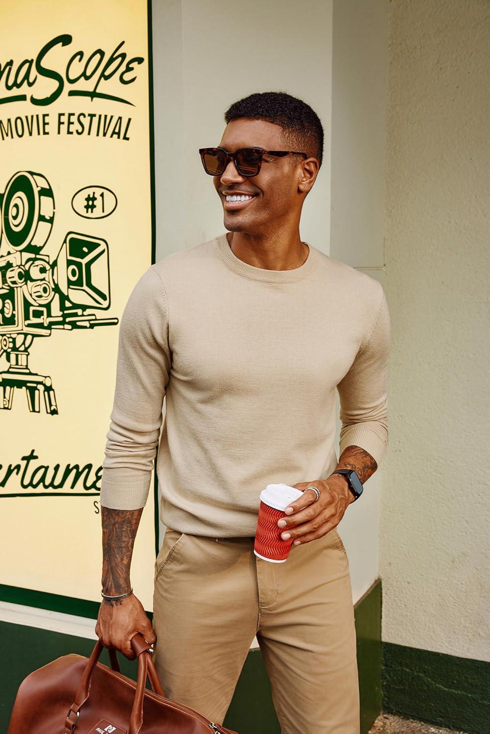 imagePJ PAUL JONES Mens Sweaters Crewneck Basic Lightweight Wool Blend Knitted Pullover Long Sleeve Shirts for MenBeige