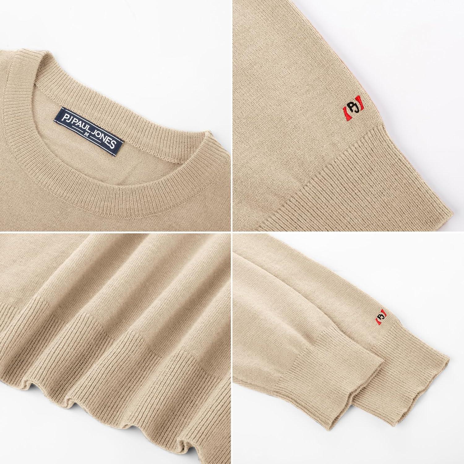 imagePJ PAUL JONES Mens Sweaters Crewneck Basic Lightweight Wool Blend Knitted Pullover Long Sleeve Shirts for MenBeige