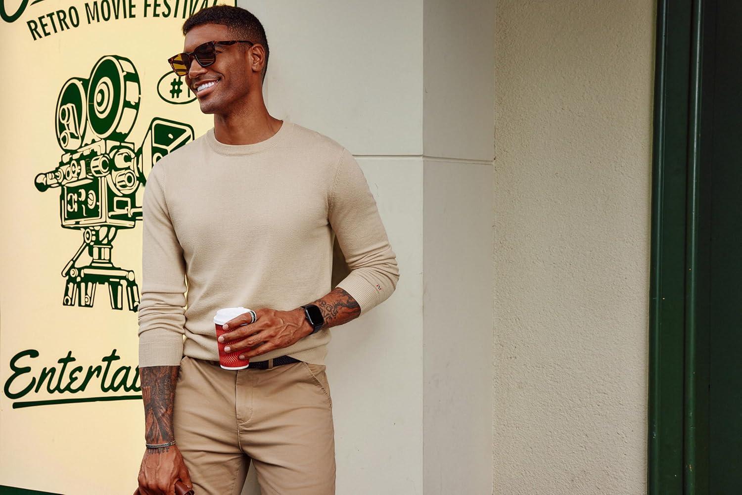 imagePJ PAUL JONES Mens Sweaters Crewneck Basic Lightweight Wool Blend Knitted Pullover Long Sleeve Shirts for MenBeige