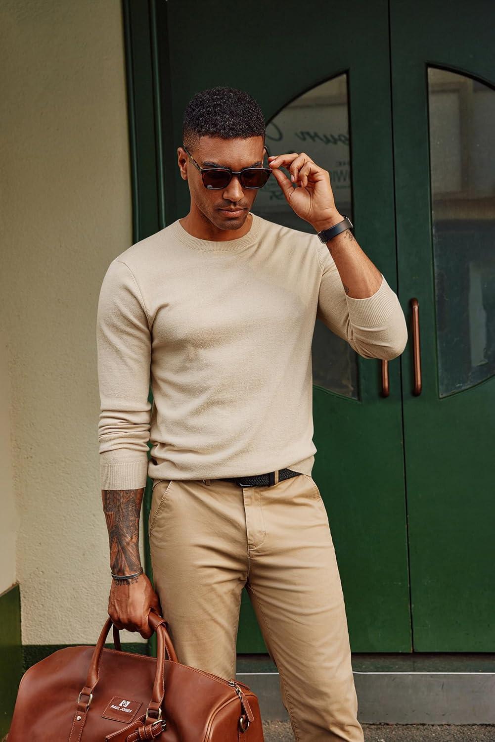 imagePJ PAUL JONES Mens Sweaters Crewneck Basic Lightweight Wool Blend Knitted Pullover Long Sleeve Shirts for MenBeige