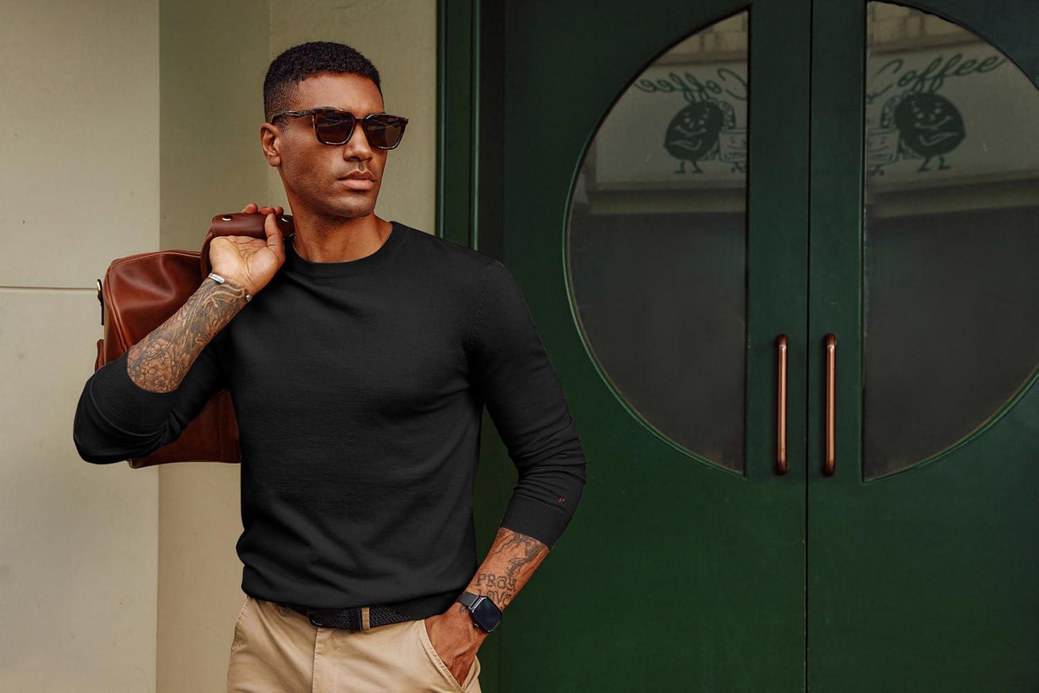 imagePJ PAUL JONES Mens Sweaters Crewneck Basic Lightweight Wool Blend Knitted Pullover Long Sleeve Shirts for MenBlack