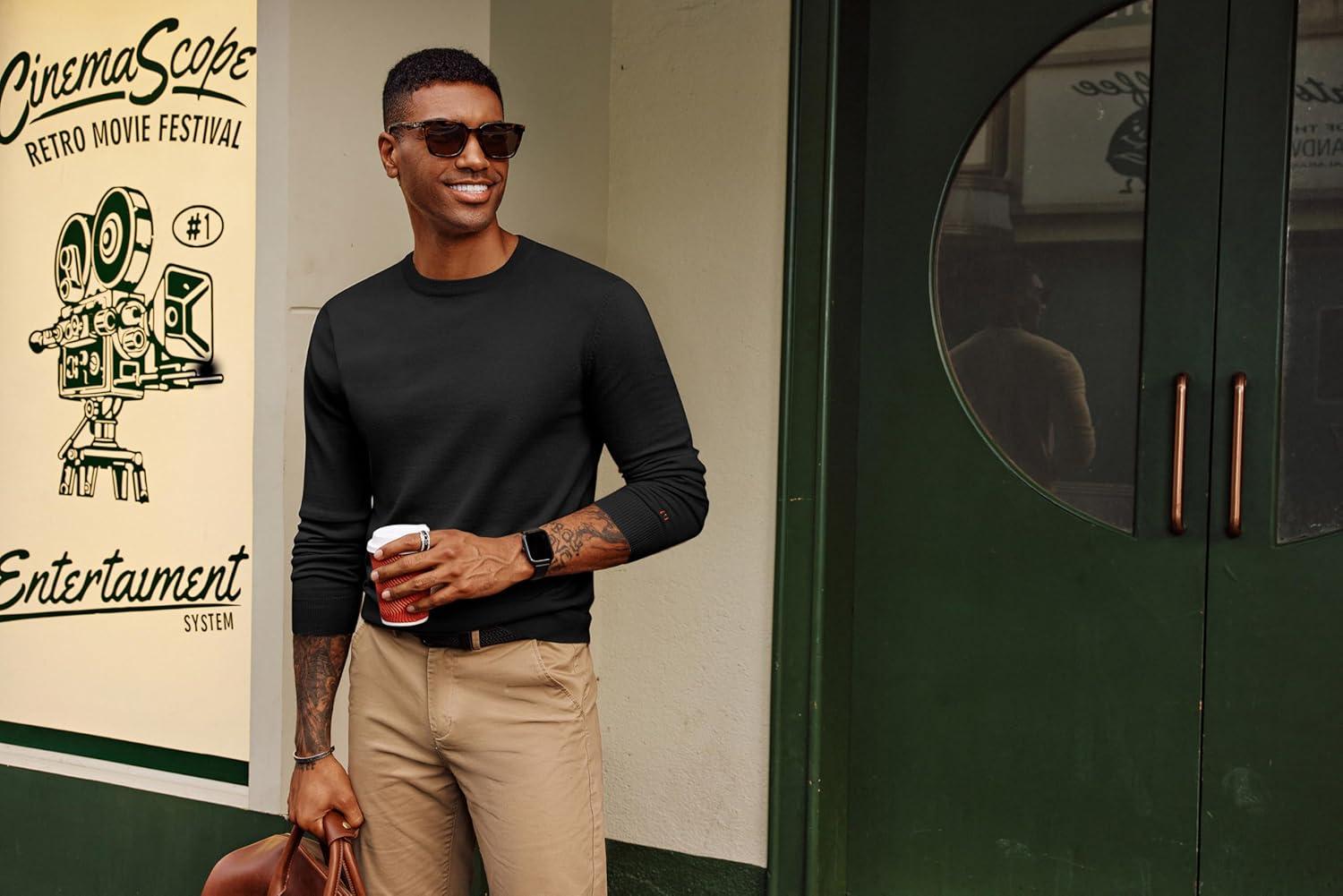 imagePJ PAUL JONES Mens Sweaters Crewneck Basic Lightweight Wool Blend Knitted Pullover Long Sleeve Shirts for MenBlack