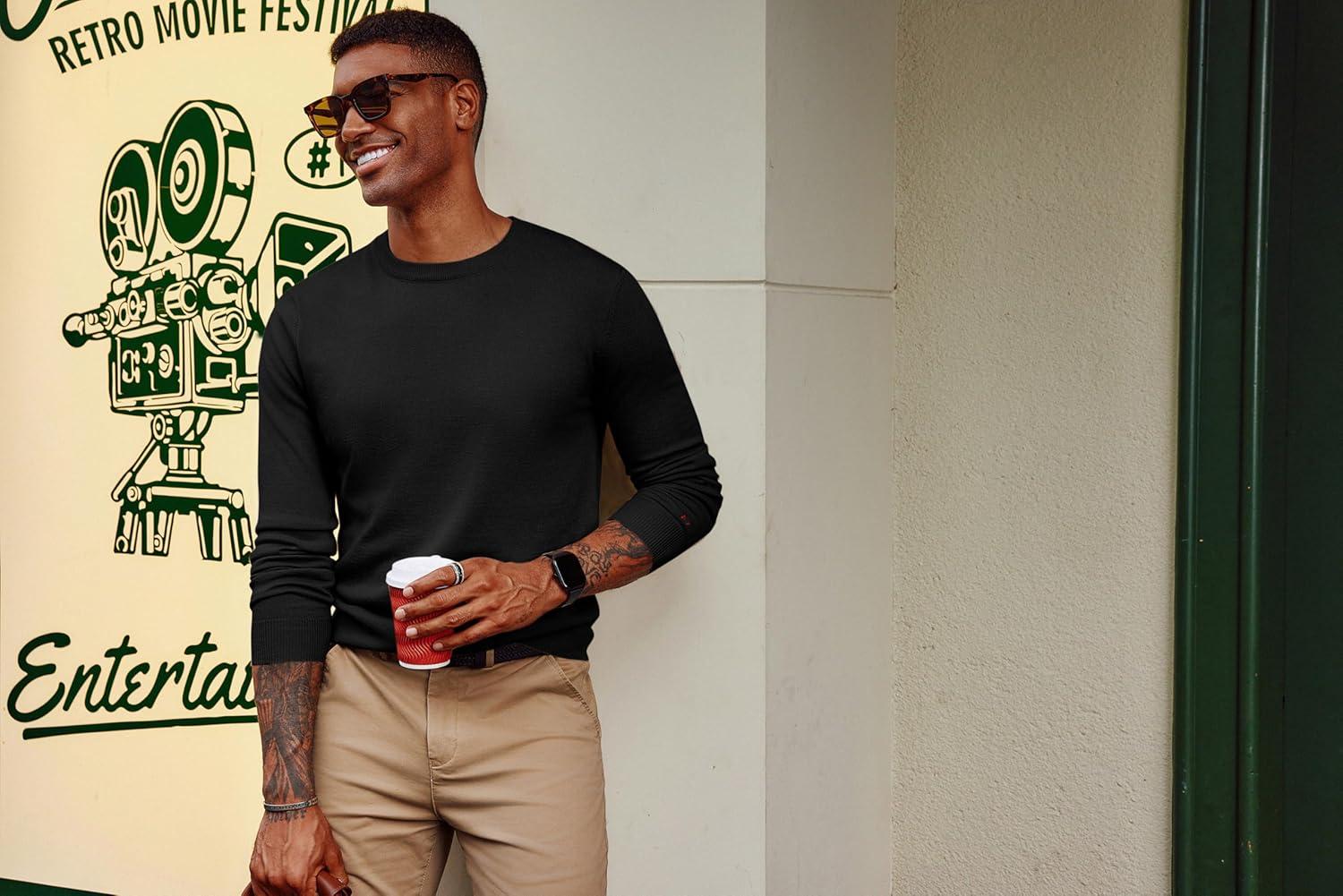 imagePJ PAUL JONES Mens Sweaters Crewneck Basic Lightweight Wool Blend Knitted Pullover Long Sleeve Shirts for MenBlack