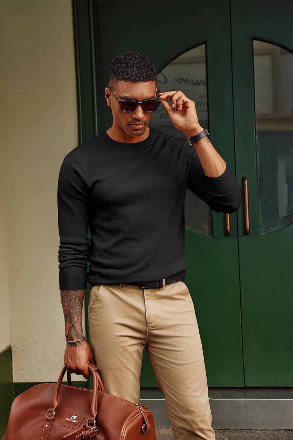 imagePJ PAUL JONES Mens Sweaters Crewneck Basic Lightweight Wool Blend Knitted Pullover Long Sleeve Shirts for MenBlack