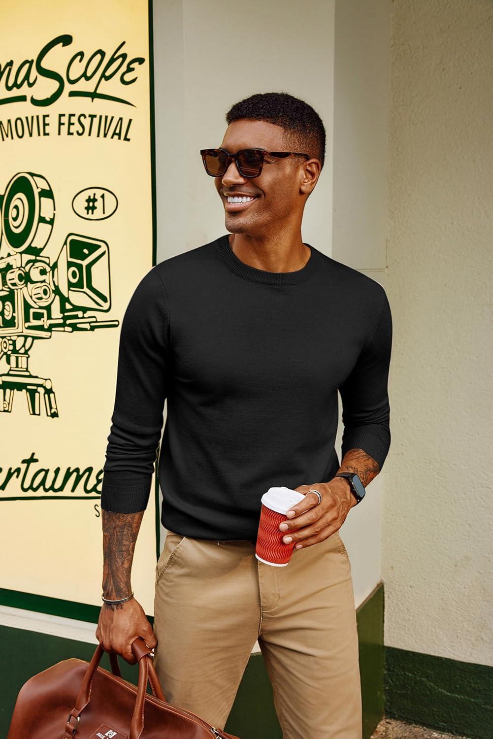 imagePJ PAUL JONES Mens Sweaters Crewneck Basic Lightweight Wool Blend Knitted Pullover Long Sleeve Shirts for MenBlack