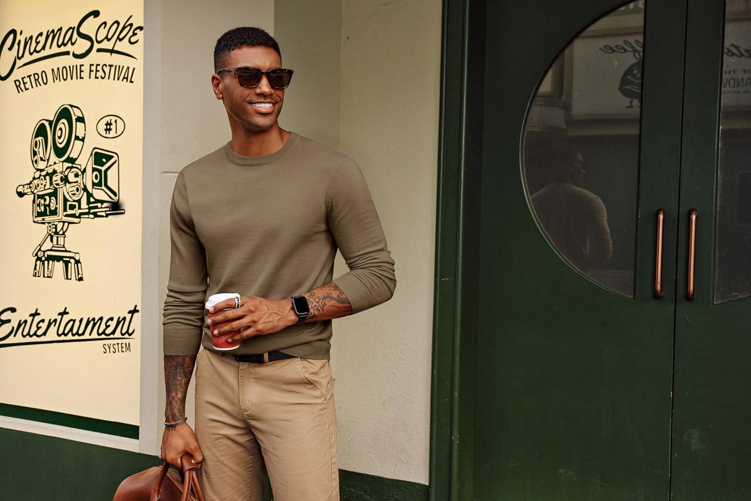 imagePJ PAUL JONES Mens Sweaters Crewneck Basic Lightweight Wool Blend Knitted Pullover Long Sleeve Shirts for MenCamel