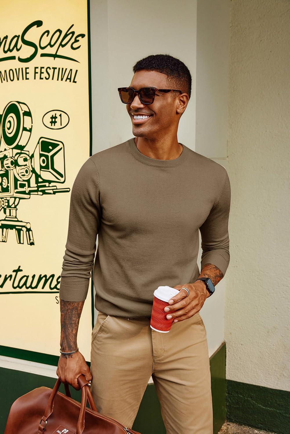 imagePJ PAUL JONES Mens Sweaters Crewneck Basic Lightweight Wool Blend Knitted Pullover Long Sleeve Shirts for MenCamel