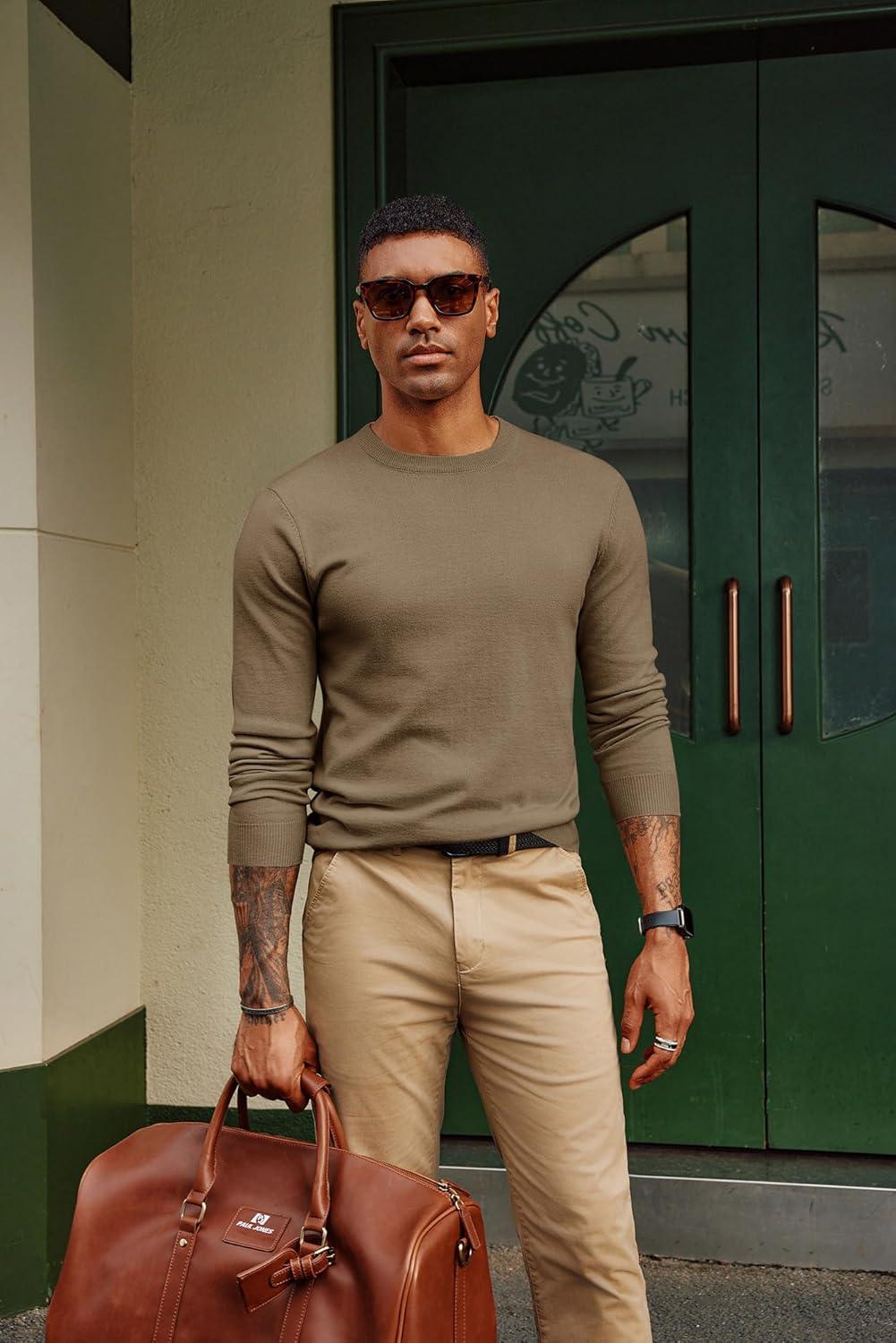 imagePJ PAUL JONES Mens Sweaters Crewneck Basic Lightweight Wool Blend Knitted Pullover Long Sleeve Shirts for MenCamel