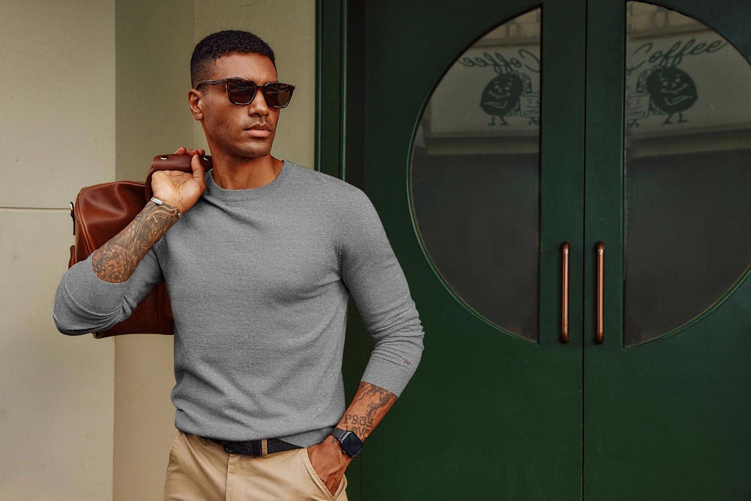 imagePJ PAUL JONES Mens Sweaters Crewneck Basic Lightweight Wool Blend Knitted Pullover Long Sleeve Shirts for MenSilve Grey