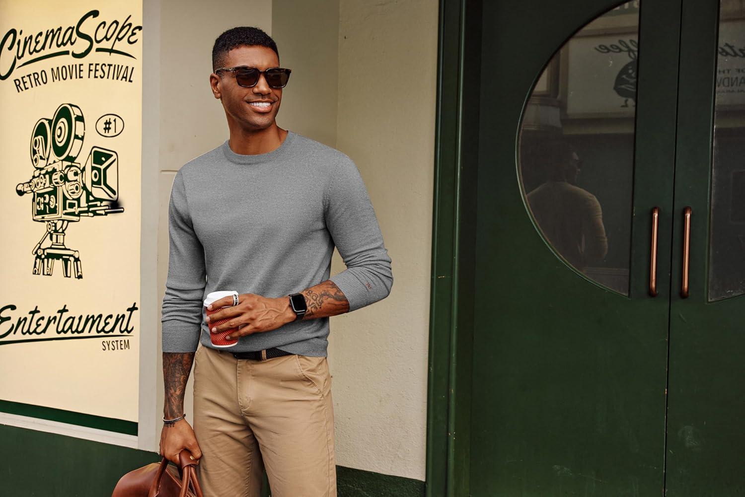 imagePJ PAUL JONES Mens Sweaters Crewneck Basic Lightweight Wool Blend Knitted Pullover Long Sleeve Shirts for MenSilve Grey