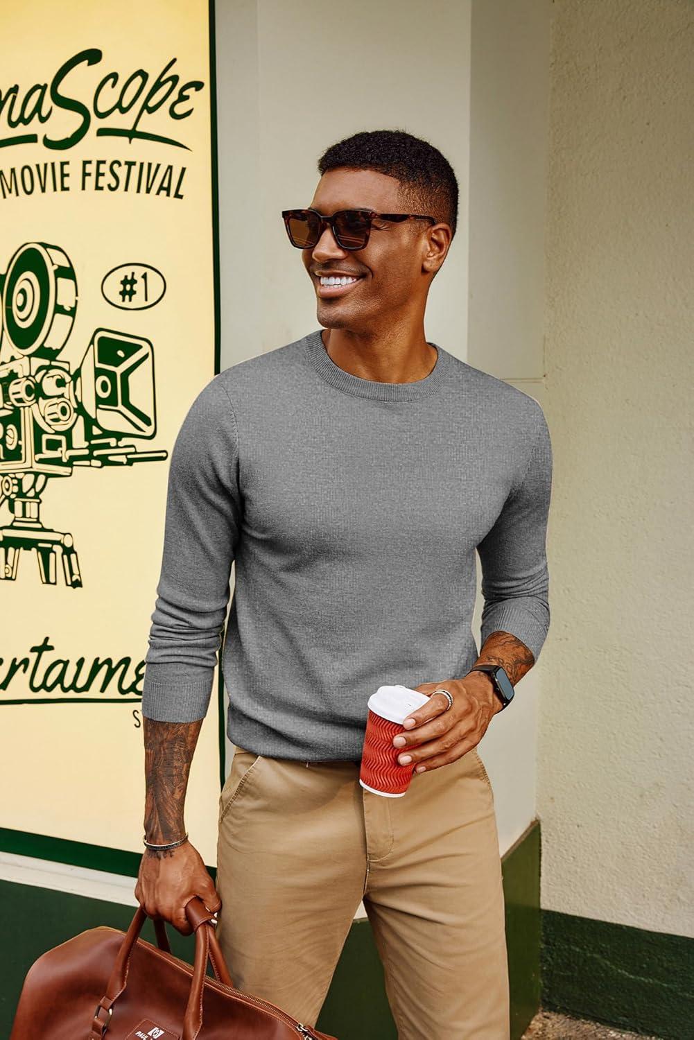 imagePJ PAUL JONES Mens Sweaters Crewneck Basic Lightweight Wool Blend Knitted Pullover Long Sleeve Shirts for MenSilve Grey