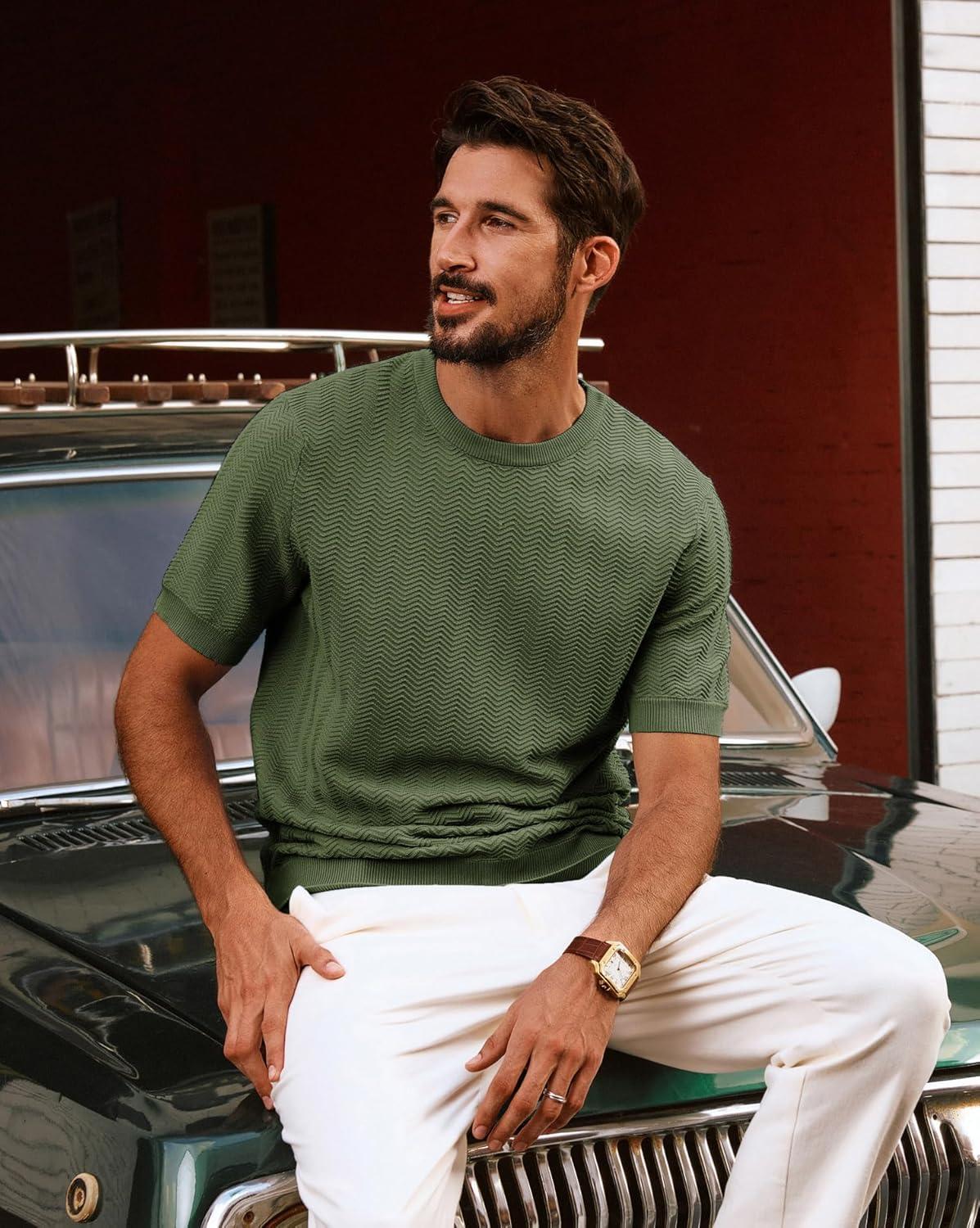 imagePJ PAUL JONES Mens TShirts Crewneck Short Sleeve Tee Textured Knit Pullover TopsGreen