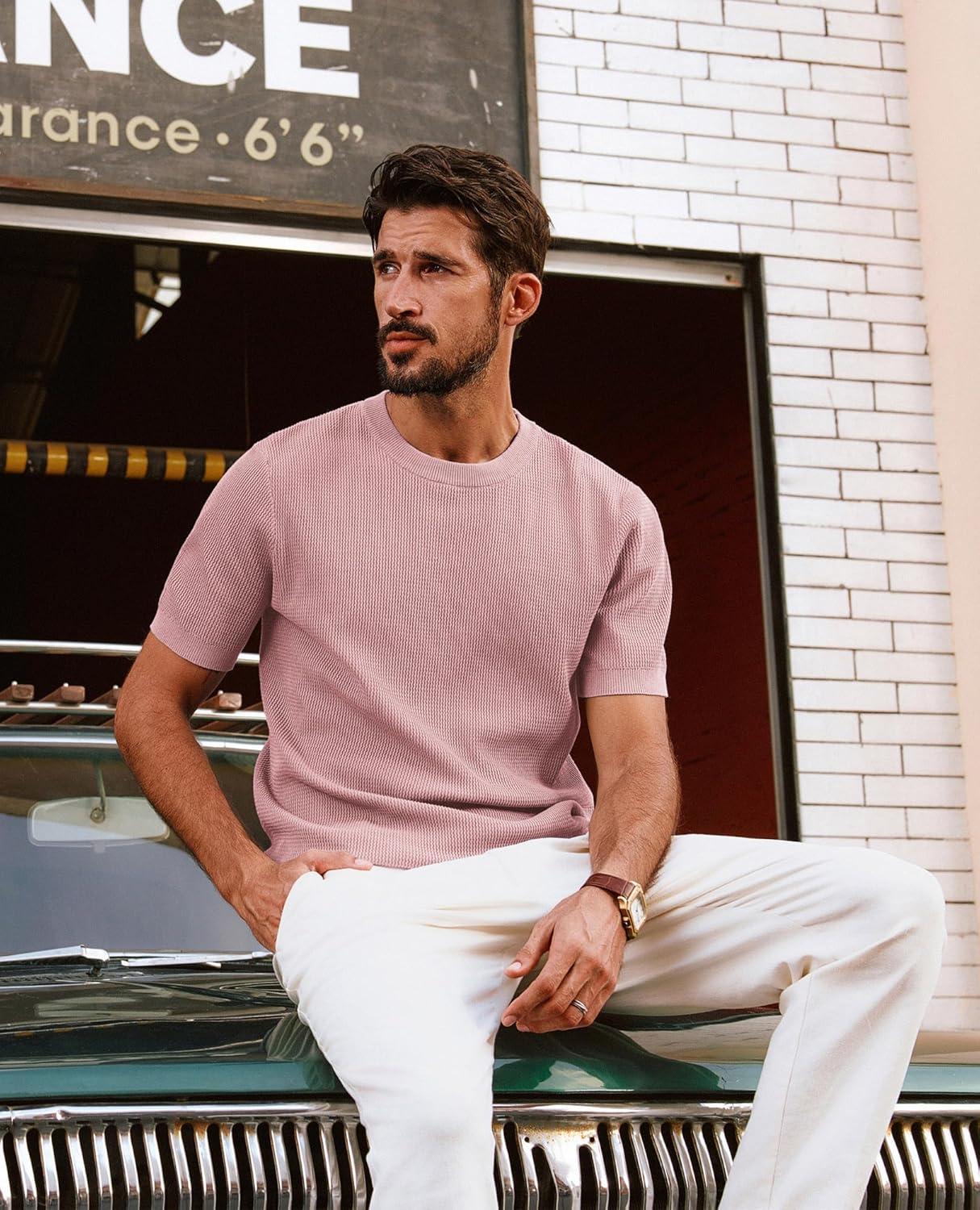 imagePJ PAUL JONES Mens TShirts Knit Short Sleeve Crewneck Shirt Casual Textured Pullover TeesPink