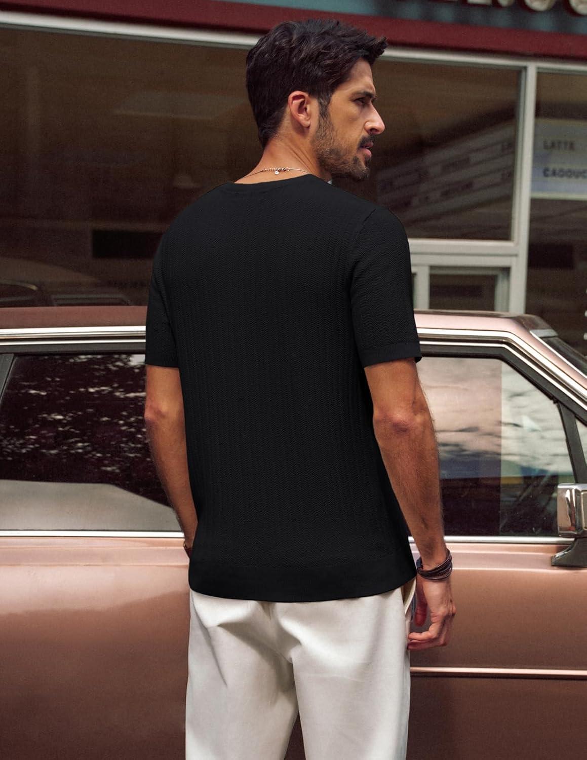 imagePJ PAUL JONES Mens TShirts Modern Fit V Neck Knit Shirts Textured Herringbone KnitwearBlack