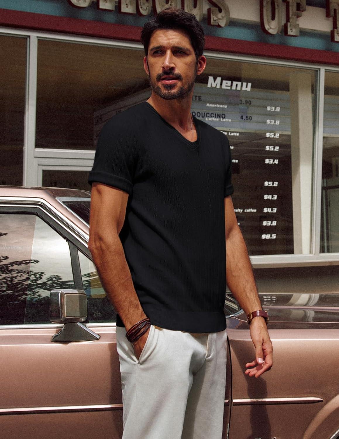 imagePJ PAUL JONES Mens TShirts Modern Fit V Neck Knit Shirts Textured Herringbone KnitwearBlack