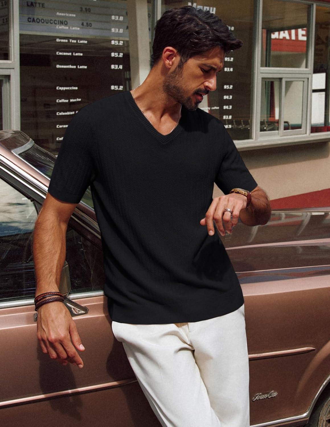 imagePJ PAUL JONES Mens TShirts Modern Fit V Neck Knit Shirts Textured Herringbone KnitwearBlack