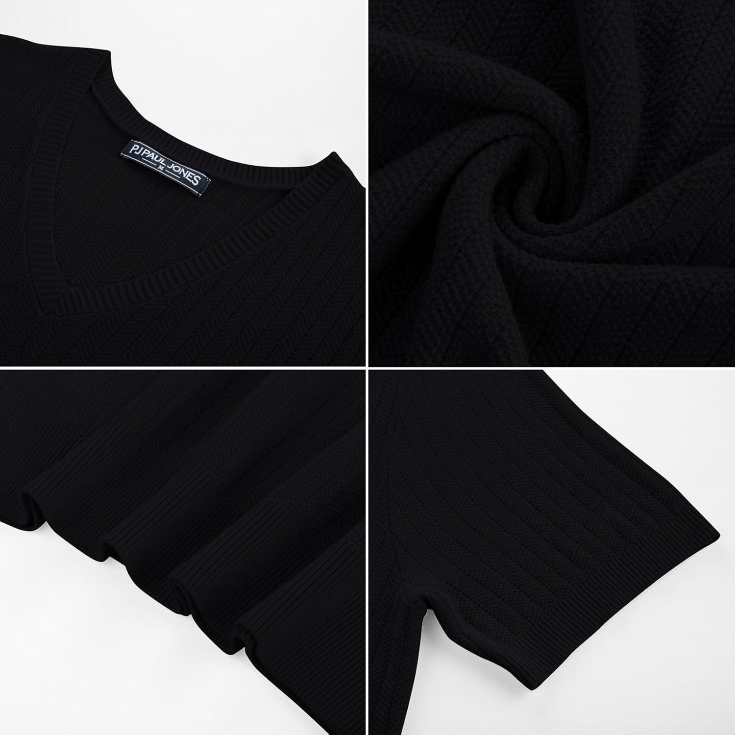 imagePJ PAUL JONES Mens TShirts Modern Fit V Neck Knit Shirts Textured Herringbone KnitwearBlack