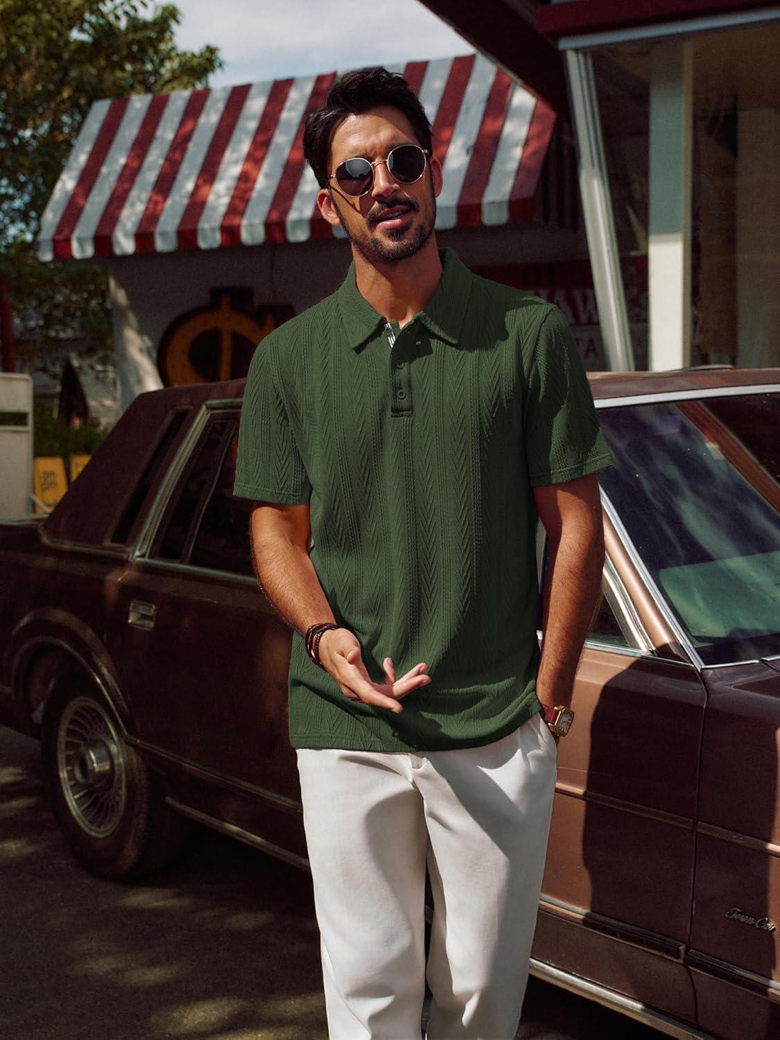 imagePJ PAUL JONES Mens Textured Knit Polo Shirt Short Sleeve Regular Fit Stretch Collared Summer ShirtsArmy Green