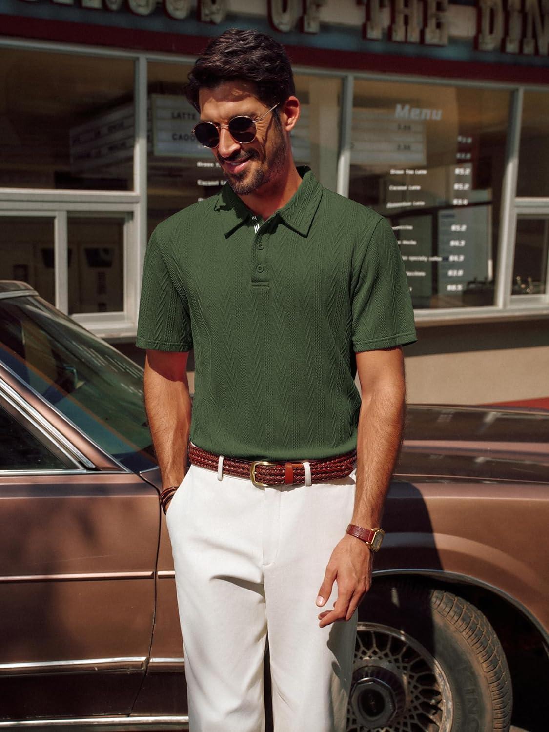 imagePJ PAUL JONES Mens Textured Knit Polo Shirt Short Sleeve Regular Fit Stretch Collared Summer ShirtsArmy Green