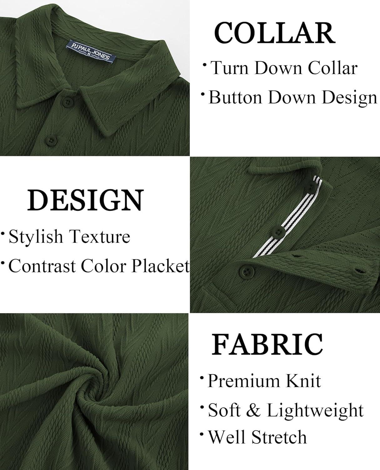 imagePJ PAUL JONES Mens Textured Knit Polo Shirt Short Sleeve Regular Fit Stretch Collared Summer ShirtsArmy Green