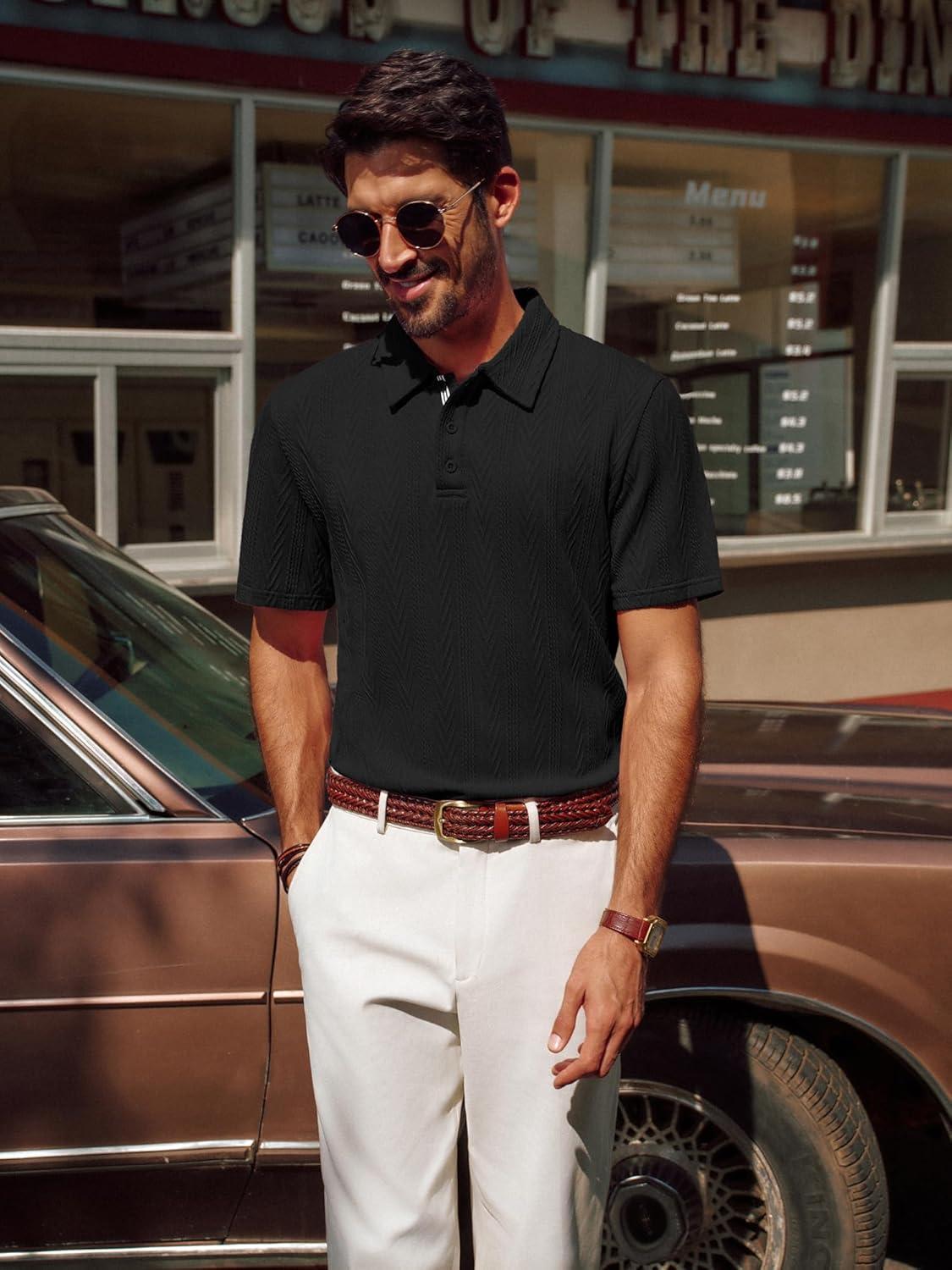 imagePJ PAUL JONES Mens Textured Knit Polo Shirt Short Sleeve Regular Fit Stretch Collared Summer ShirtsBlack