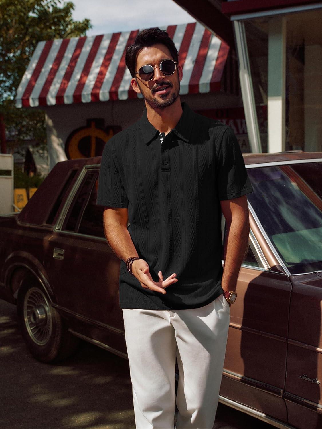 imagePJ PAUL JONES Mens Textured Knit Polo Shirt Short Sleeve Regular Fit Stretch Collared Summer ShirtsBlack