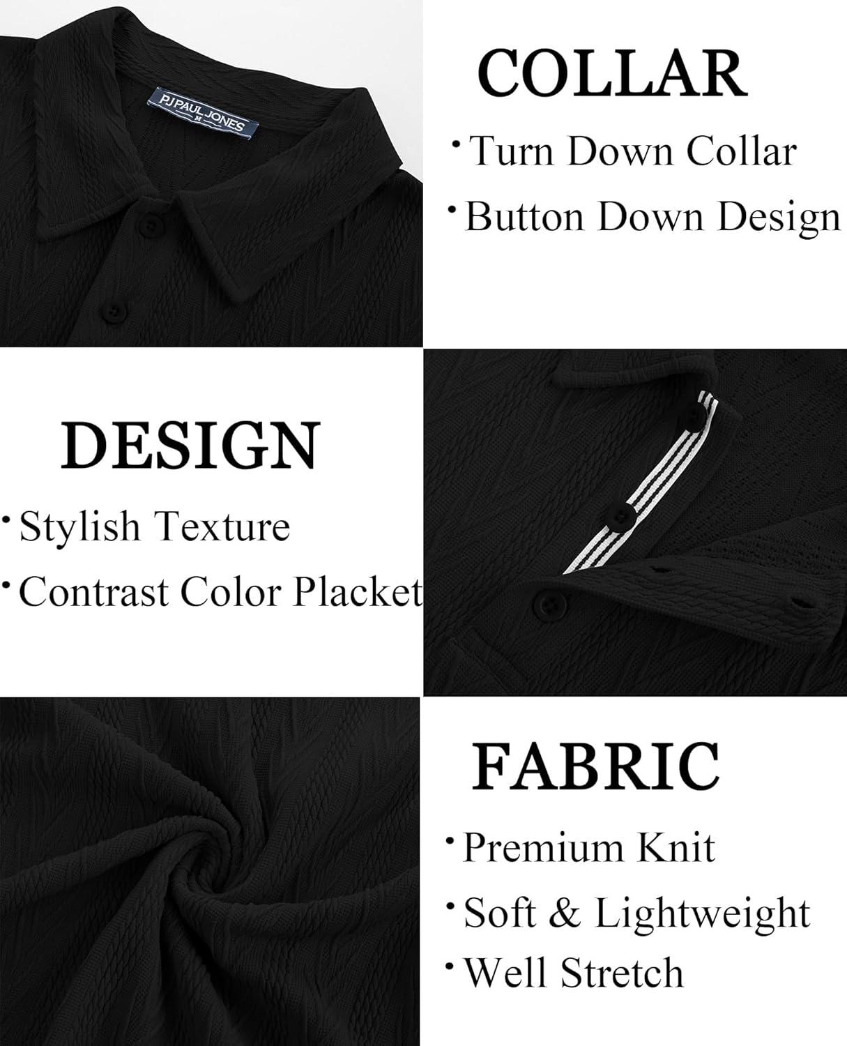 imagePJ PAUL JONES Mens Textured Knit Polo Shirt Short Sleeve Regular Fit Stretch Collared Summer ShirtsBlack