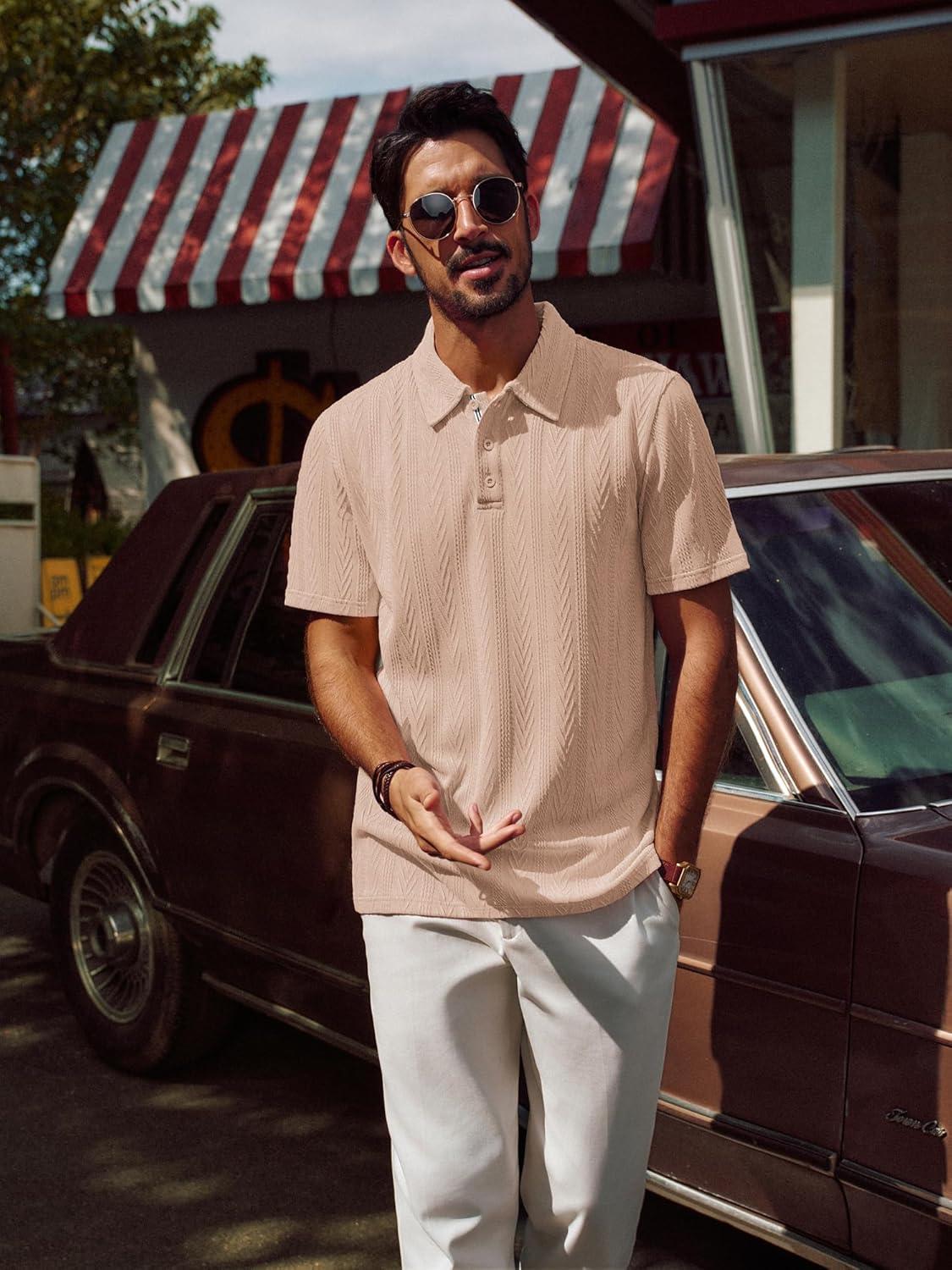 imagePJ PAUL JONES Mens Textured Knit Polo Shirt Short Sleeve Regular Fit Stretch Collared Summer ShirtsKhaki