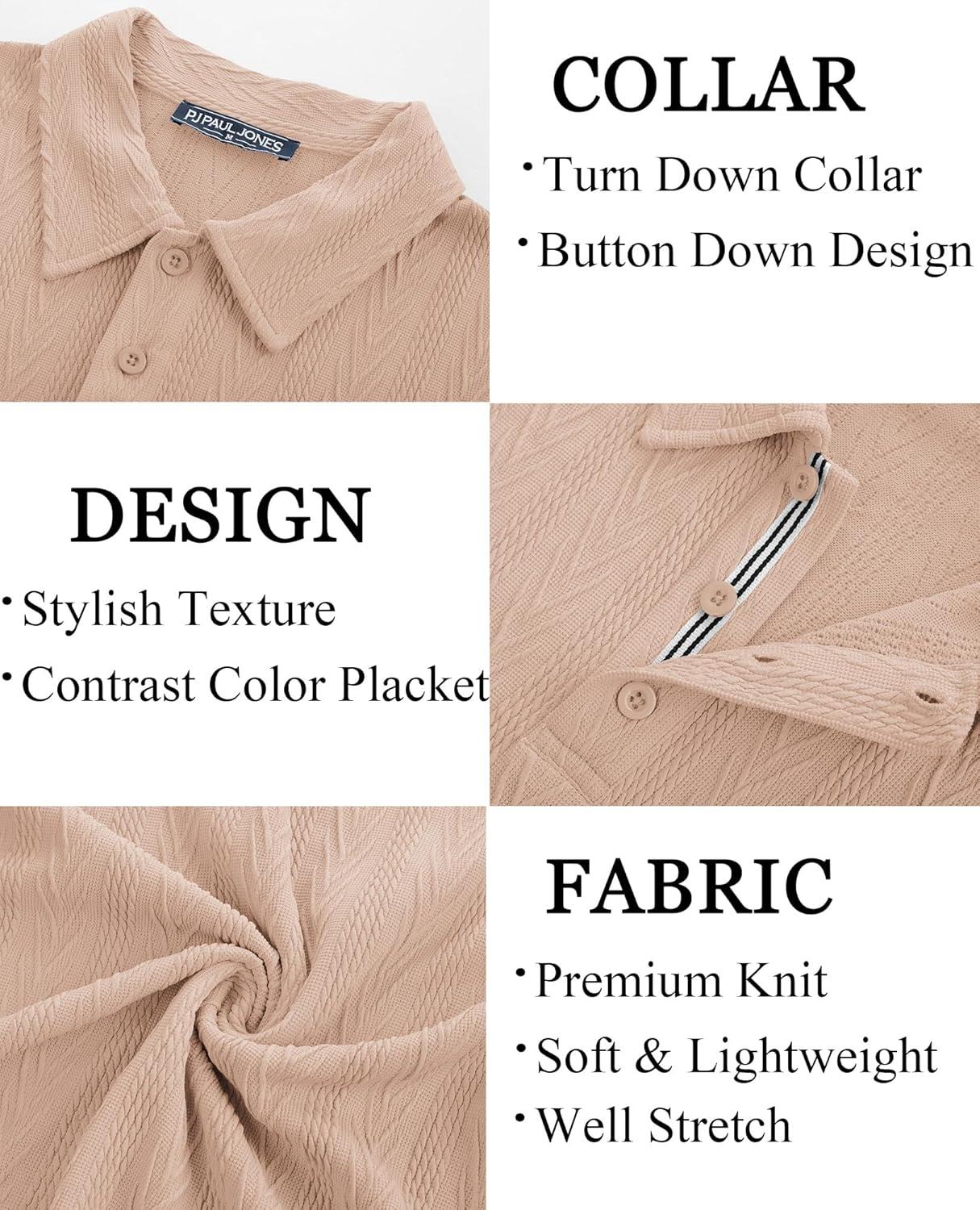 imagePJ PAUL JONES Mens Textured Knit Polo Shirt Short Sleeve Regular Fit Stretch Collared Summer ShirtsKhaki