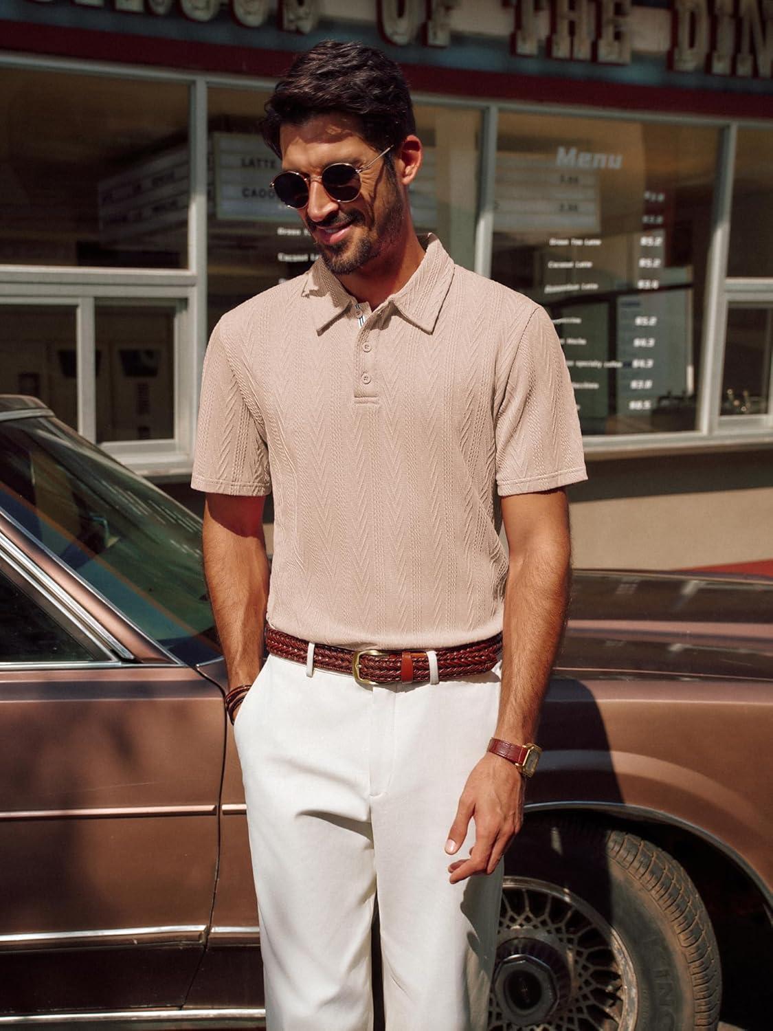 imagePJ PAUL JONES Mens Textured Knit Polo Shirt Short Sleeve Regular Fit Stretch Collared Summer ShirtsKhaki