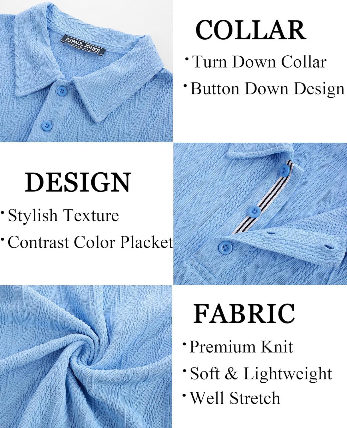 imagePJ PAUL JONES Mens Textured Knit Polo Shirt Short Sleeve Regular Fit Stretch Collared Summer ShirtsLight Blue