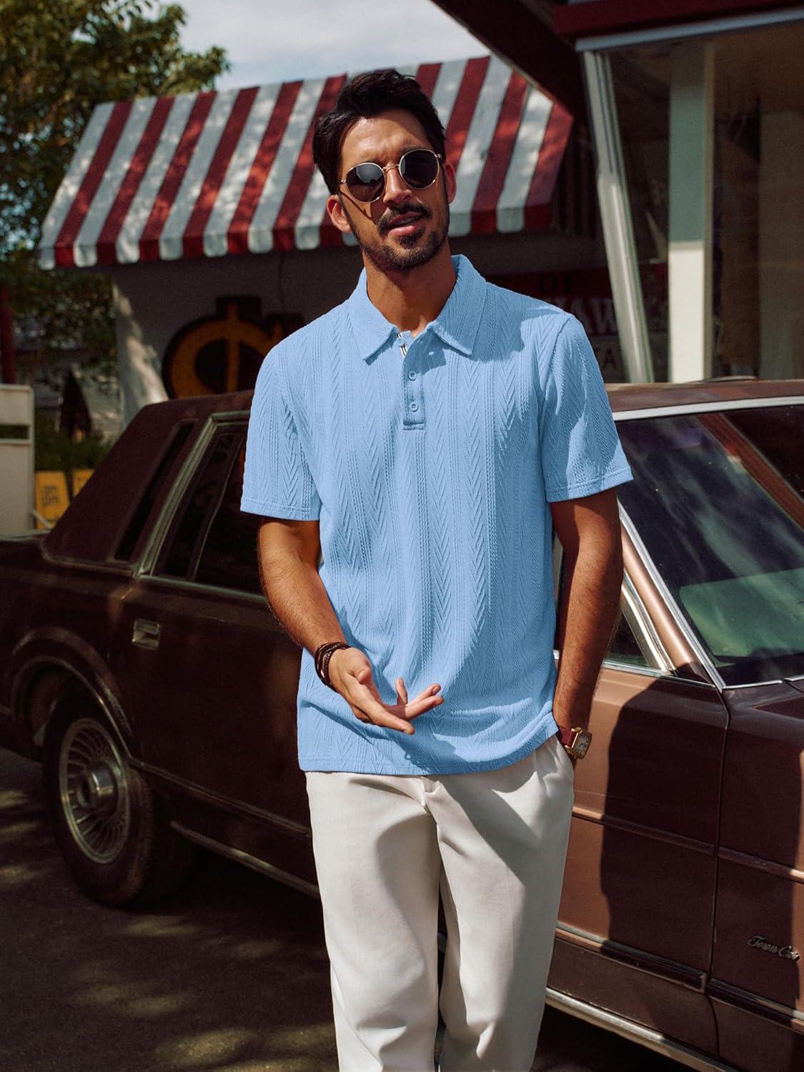 imagePJ PAUL JONES Mens Textured Knit Polo Shirt Short Sleeve Regular Fit Stretch Collared Summer ShirtsLight Blue