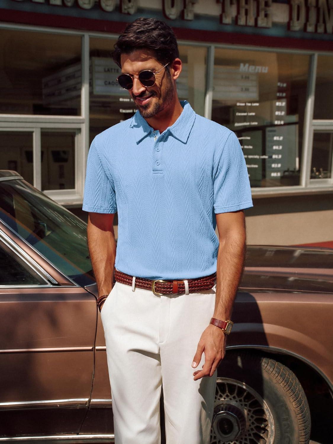 imagePJ PAUL JONES Mens Textured Knit Polo Shirt Short Sleeve Regular Fit Stretch Collared Summer ShirtsLight Blue