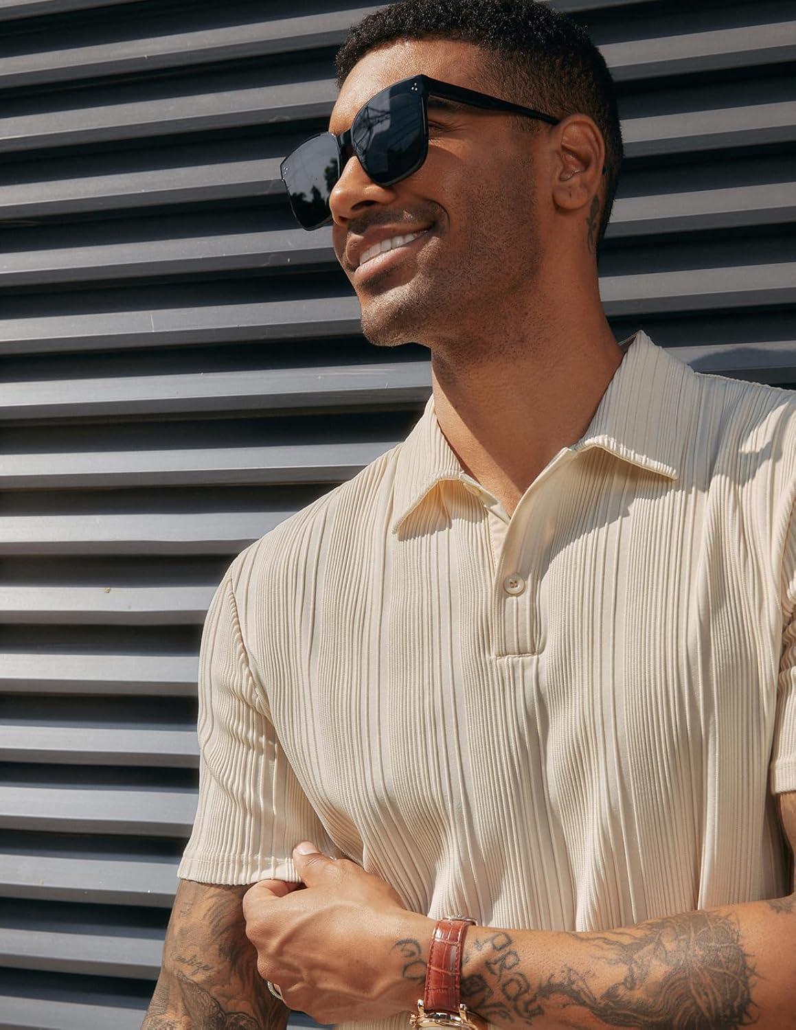 imagePJ PAUL JONES Mens Textured Knit Polo Shirts Regular Fit Stretchy Golf ShirtsBeige