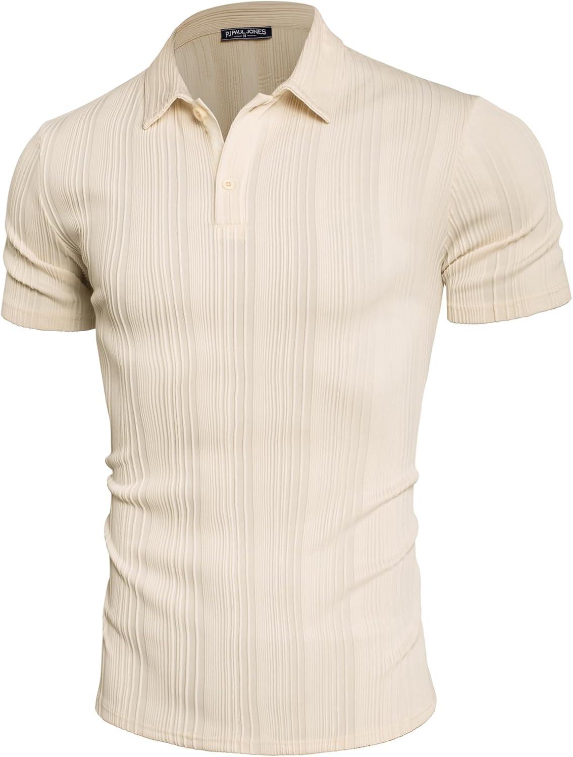 imagePJ PAUL JONES Mens Textured Knit Polo Shirts Regular Fit Stretchy Golf ShirtsBeige
