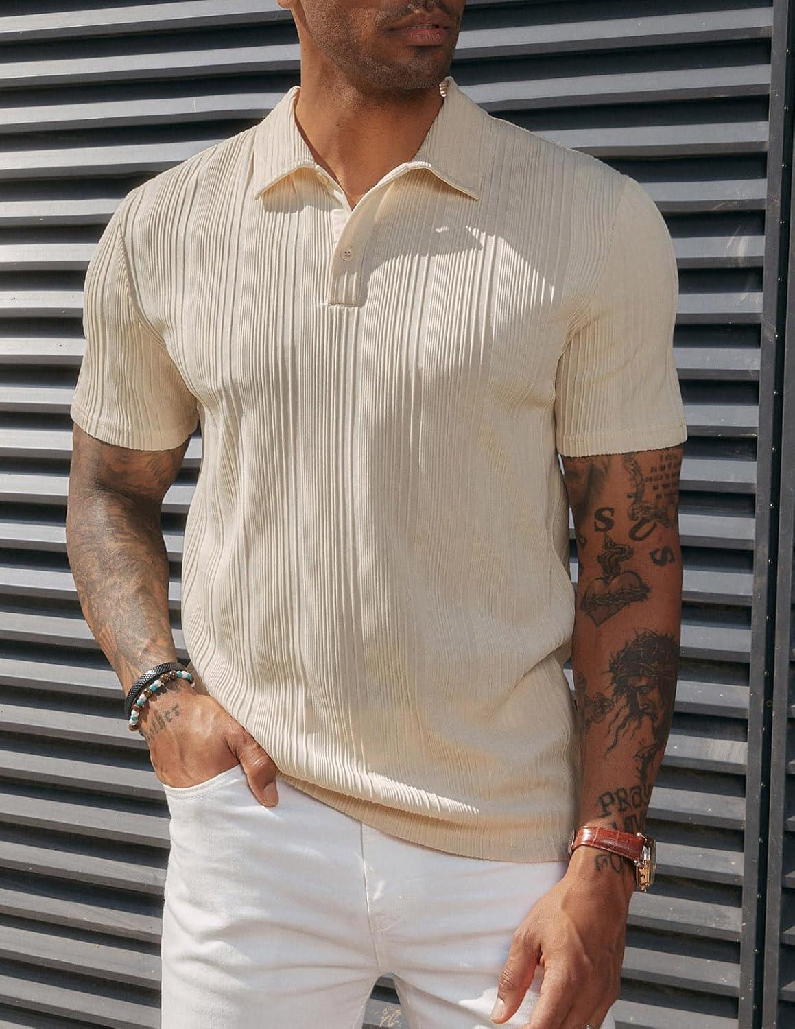 imagePJ PAUL JONES Mens Textured Knit Polo Shirts Regular Fit Stretchy Golf ShirtsBeige