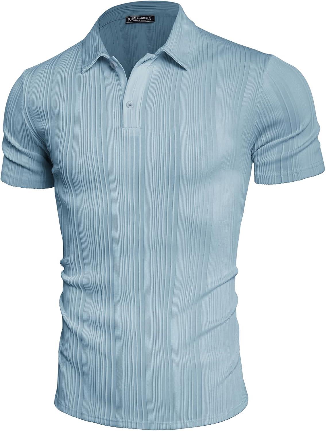 imagePJ PAUL JONES Mens Textured Knit Polo Shirts Regular Fit Stretchy Golf ShirtsBlue