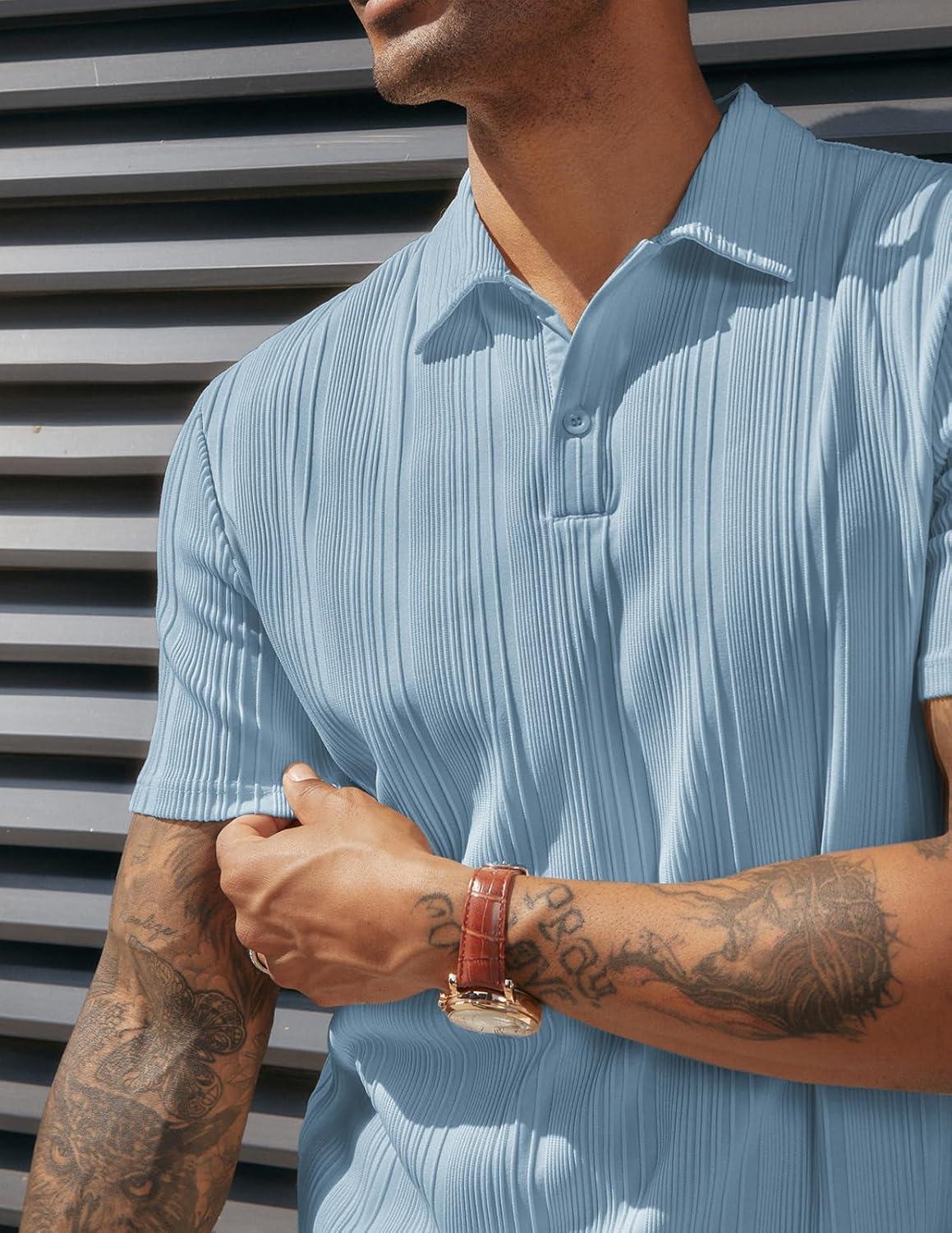 imagePJ PAUL JONES Mens Textured Knit Polo Shirts Regular Fit Stretchy Golf ShirtsBlue