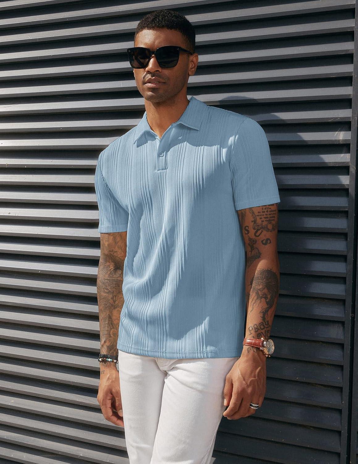 imagePJ PAUL JONES Mens Textured Knit Polo Shirts Regular Fit Stretchy Golf ShirtsBlue