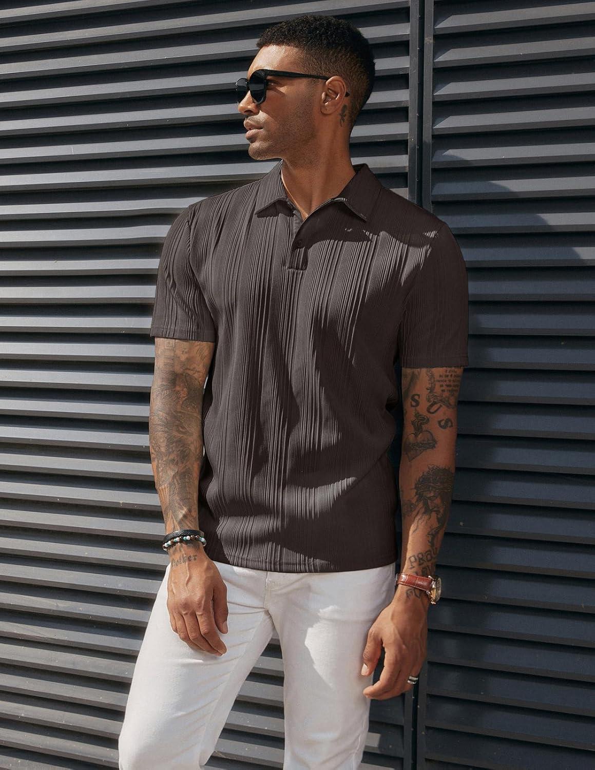 imagePJ PAUL JONES Mens Textured Knit Polo Shirts Regular Fit Stretchy Golf ShirtsBrown