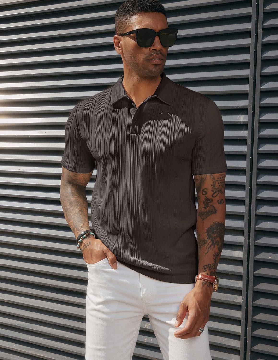 imagePJ PAUL JONES Mens Textured Knit Polo Shirts Regular Fit Stretchy Golf ShirtsBrown