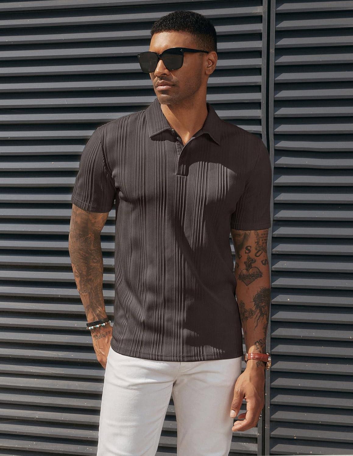 imagePJ PAUL JONES Mens Textured Knit Polo Shirts Regular Fit Stretchy Golf ShirtsBrown