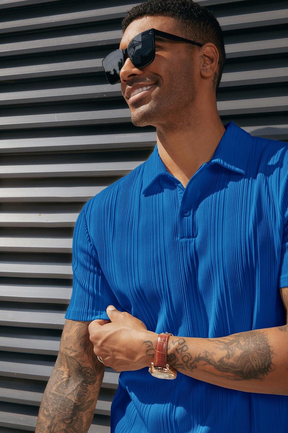 imagePJ PAUL JONES Mens Textured Knit Polo Shirts Regular Fit Stretchy Golf ShirtsDark Blue