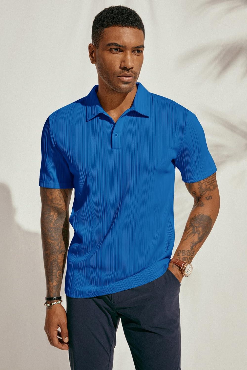 imagePJ PAUL JONES Mens Textured Knit Polo Shirts Regular Fit Stretchy Golf ShirtsDark Blue