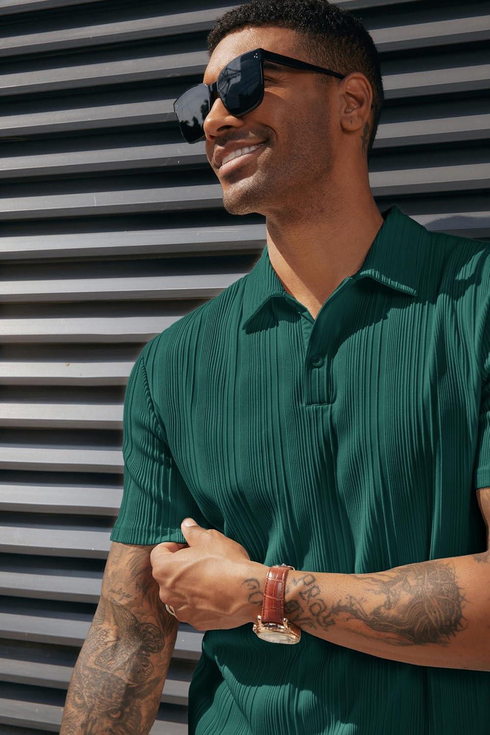 imagePJ PAUL JONES Mens Textured Knit Polo Shirts Regular Fit Stretchy Golf ShirtsDark Green