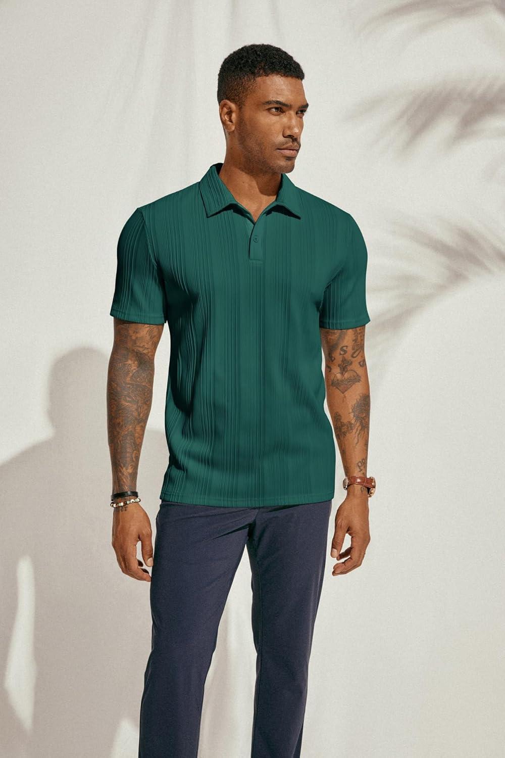 imagePJ PAUL JONES Mens Textured Knit Polo Shirts Regular Fit Stretchy Golf ShirtsDark Green