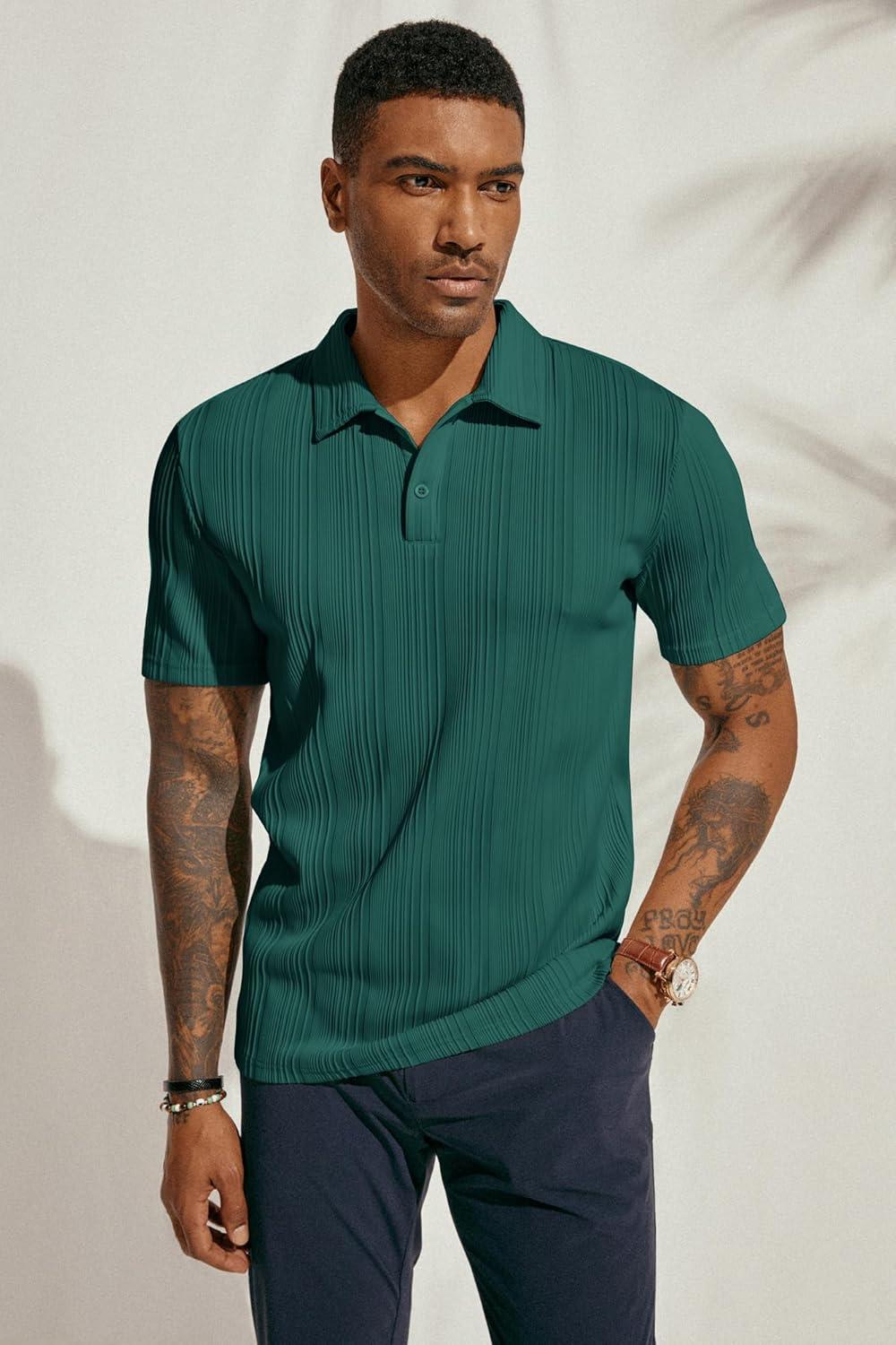 imagePJ PAUL JONES Mens Textured Knit Polo Shirts Regular Fit Stretchy Golf ShirtsDark Green