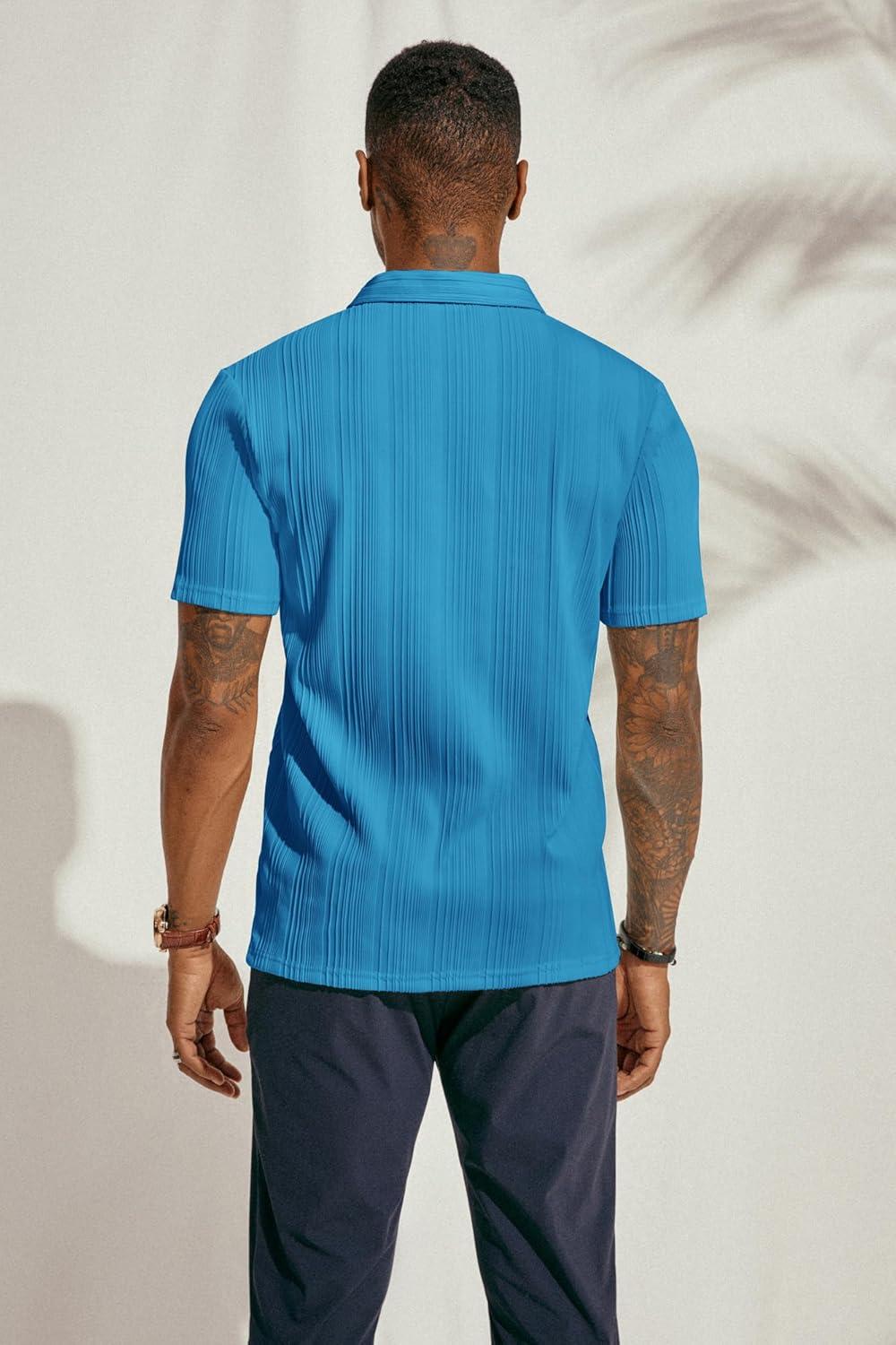 imagePJ PAUL JONES Mens Textured Knit Polo Shirts Regular Fit Stretchy Golf ShirtsDenim Blue