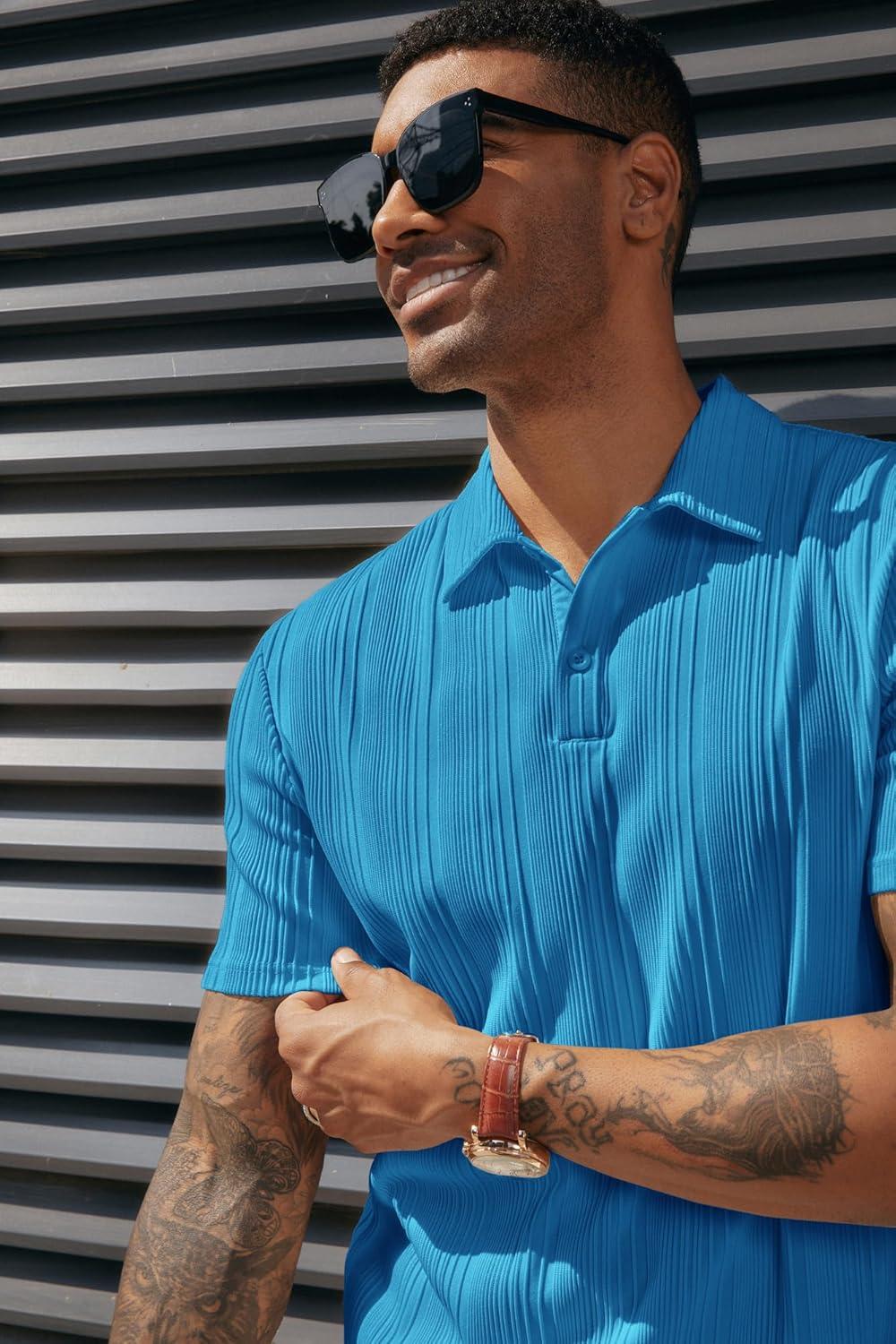 imagePJ PAUL JONES Mens Textured Knit Polo Shirts Regular Fit Stretchy Golf ShirtsDenim Blue